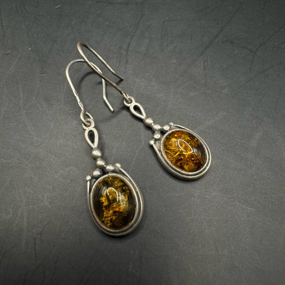 Sterling Silver Amber Drop Earrings - Picture 2 of 4